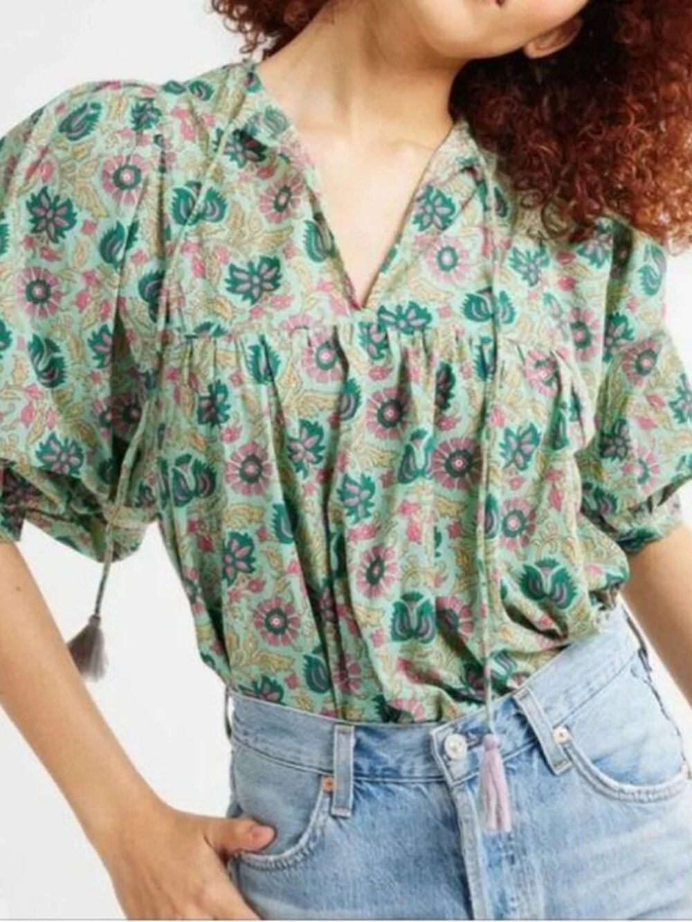 Mille Thalia Floral Puff-Sleeve Peasant Blouse in Mint Green